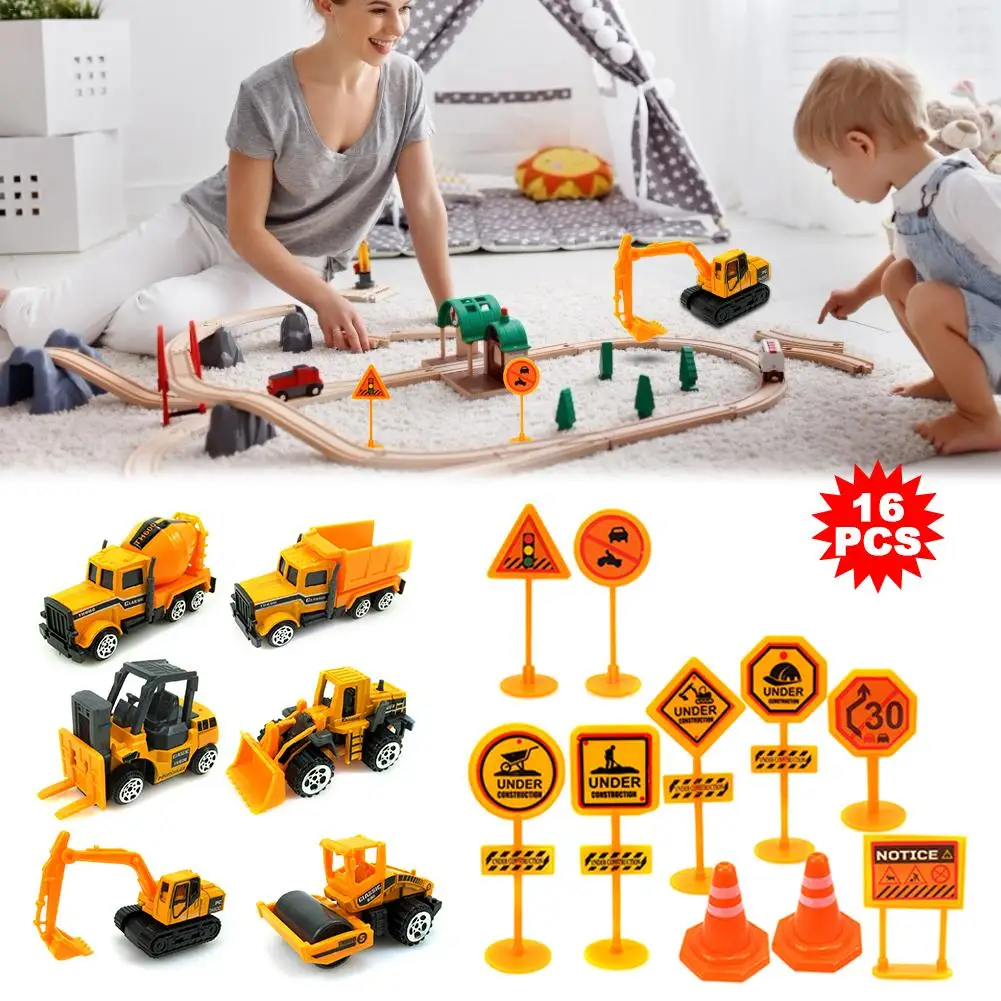 

16PCS 1:64 Mini Alloy Construction Vehicle Engineering Car Tractor Dump Truck Model Vehicles With Traffic Sign Toy Car