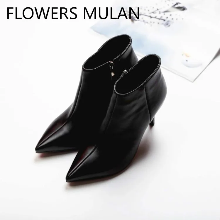 

Chic Pointed Toe Black Sewing Leather Upper Fashion Winter Boots Women Sexy High Heels Ladies Booties Runway Shoes Woman Botas