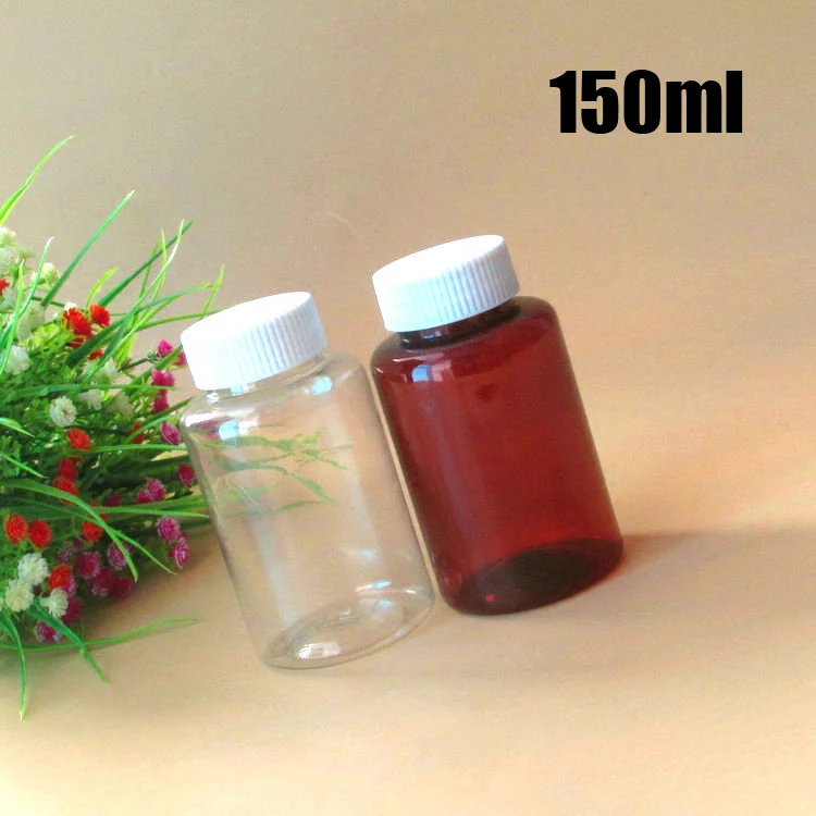 20 개 150ml 페트병, 포장 병, 캡슐 병, 알약 병, 분말 병-물개가 있는 투명하고 갈색 색상