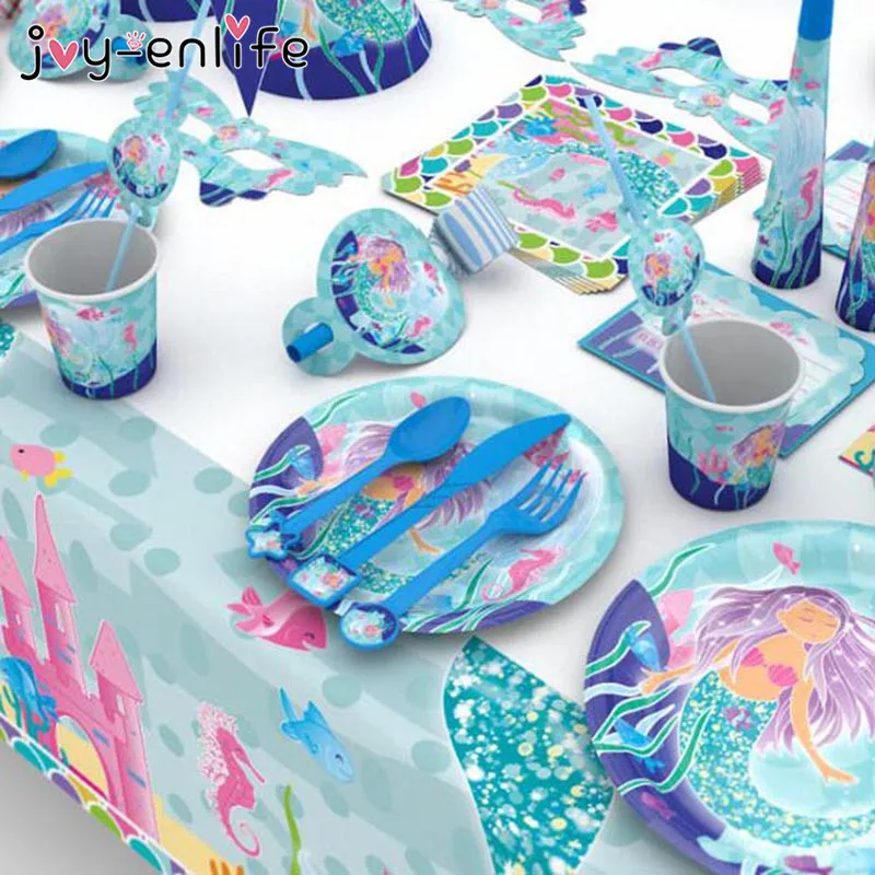 JOY-ENLIFE Mermaid Theme Party Tablecloths Kids Birthday Party Supplies Table Cover Birthday Party Decoration Supplies 100x180cm