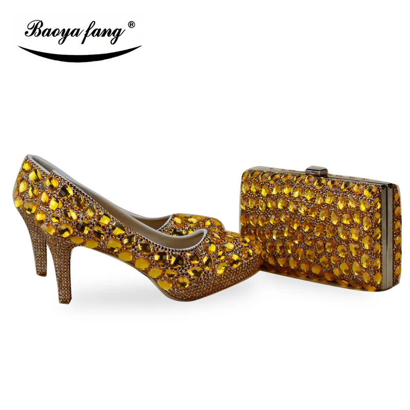 

New arrival Coffee crystal Womens wedding shoes with matching bags Round toe dark High Pumps fashion ladies shoes
