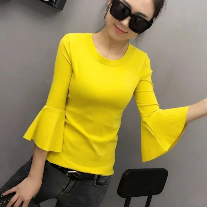 

2018 Spring 3/4 Flare Sleeve O Neck Body T-shirts Women Simple Cotton T-shirts Girls Sweet Cotton T-shirts Body Cotton Tops