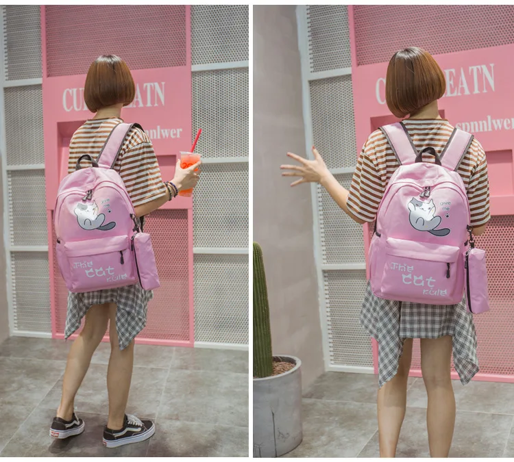 Милый рюкзак для девочек с котом, школьные сумки для подростков, Одноцветный нейлоновый рюкзак для студентов, женский большой повседневный рюкзак Mochila