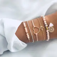 5 Pcs/set Bohemian Handmade Pink Crystal Beads Bracelets for Women Vintage Fashion Heart Tassel Bracelet Bangles Jewelry Gifts