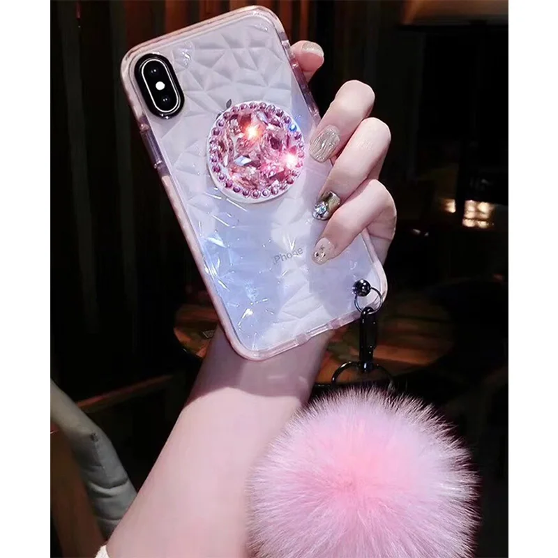 

DIY Glitter diamond bracket lanyard hair ball Phone Case for iphone 11 Pro Max 6 7 8 Plus Xs Max XR Cover For Samsung S8 S9 Plus