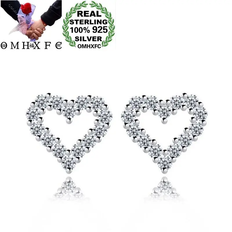 

OMHXFC Wholesale European Fashion Woman Girl Party Wedding Gift White Heart Zircon 100% S925 Sterling Silver Stud Earrings EN21