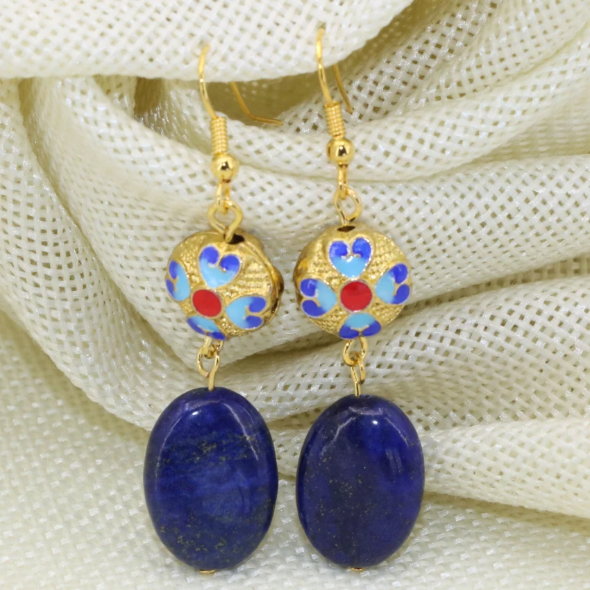 

High quality gold-color hollow cloisonne blue lapis lazuli long drop dangle earrings elegant women new fashion jewelry B2640