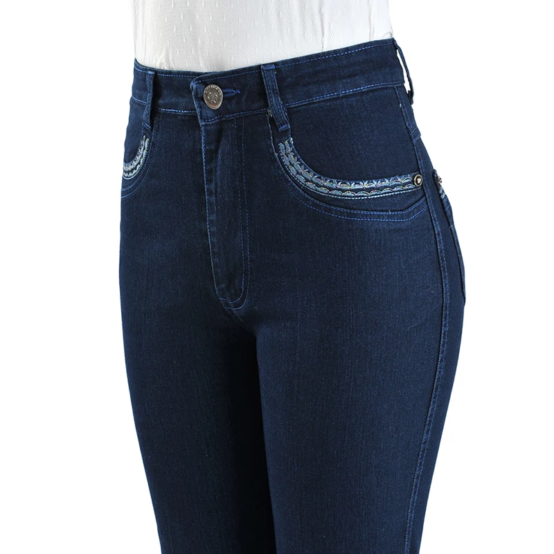Весенние новые женские брюки среднего возраста с высокой талией прямые джинсовые брюки винтажная вышивка Офисная Леди Плюс Размер Брюки LU816
