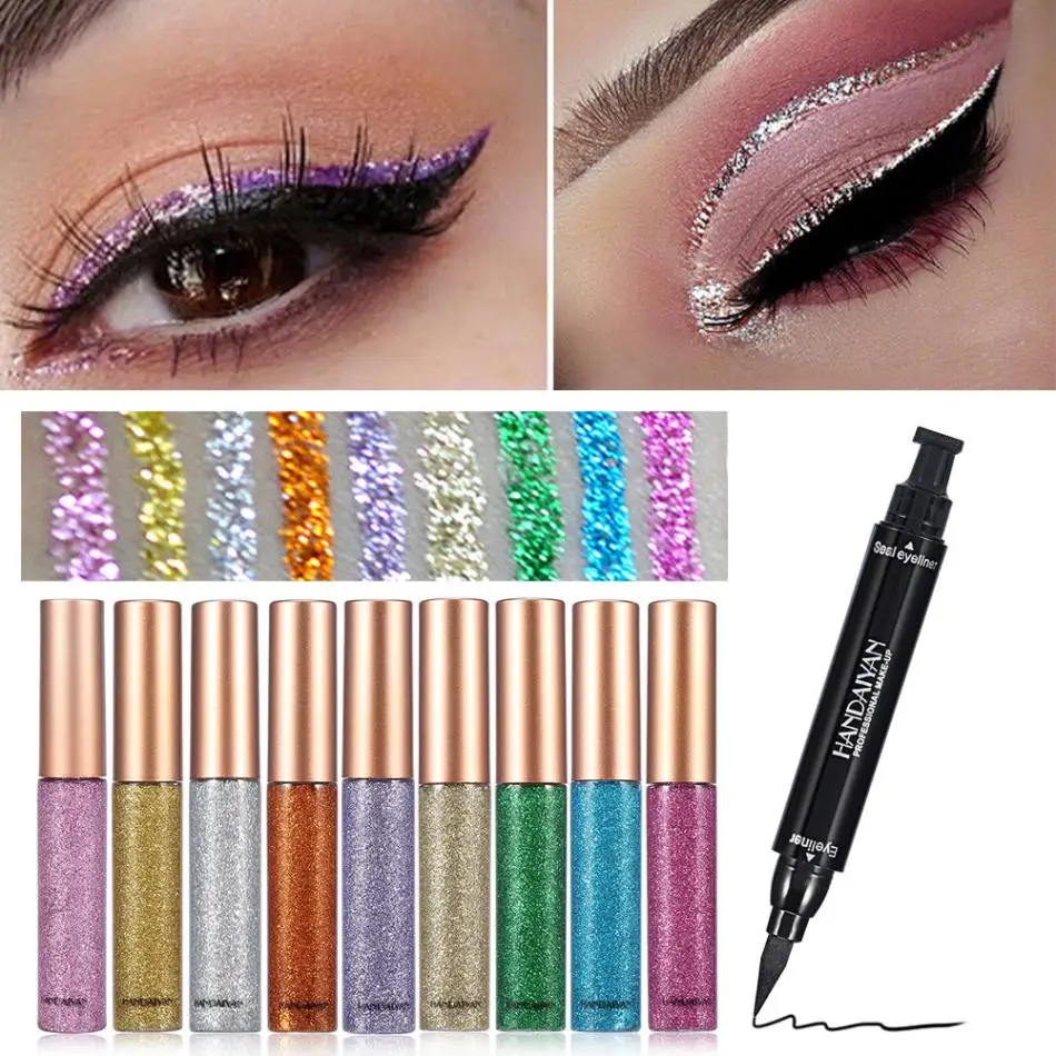 HANDAIYAN Glitter Eyeliner Set Liquid Eyes Liner With Cat Eye Seal