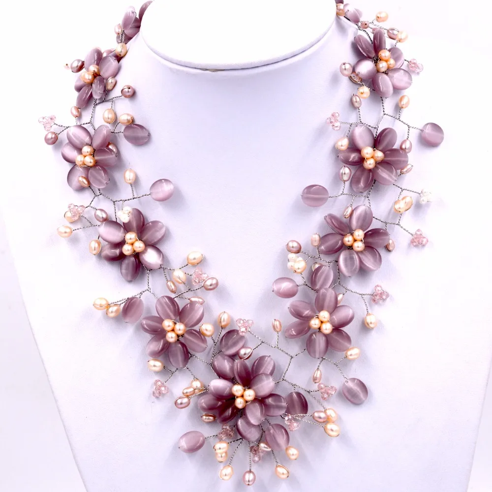 

Natural freshwater pearl and purple cat's eye stone flower chokers necklace