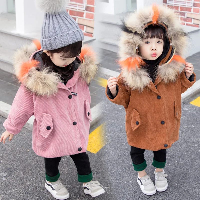 

Girls Down & Parka Winter Windproof Clothes Colorful Fur Baby Boys Long Overcoat Corduroy Kids Coat