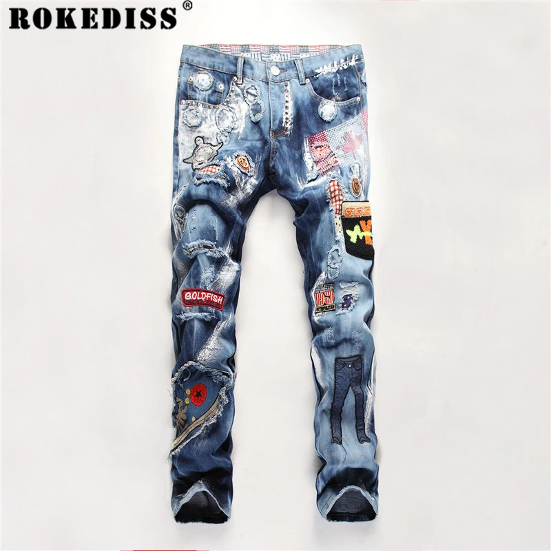

distressed jeans 2017 Spring and Autumn New products personality badge embroidery Hole Tide pants Hole unique trousers Men C201