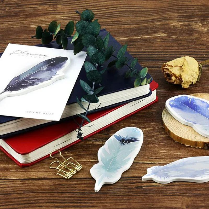 

2X Cute Colorful Feather Sticky Notes Memo Pad Planner Bookmark Stickers School Stationery Office Supplies Message