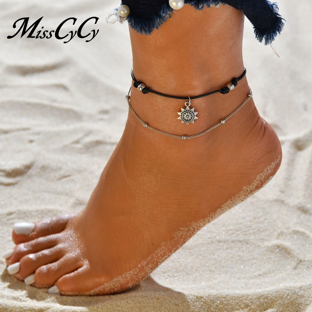 

MissCyCy Vintage Boho Double Layer Beads Ankle Bracelet for Women Fashion Sun Pendent Anklet Handmade Foot Chain Beach Jewelry