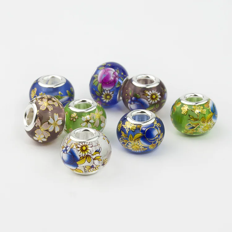 

5PCS Mix Color 10*14mm DIY Craft Hand Colorful Painted Round Crystal Glass Bead Charm Big Hole for Pandora Jewelry Bracelet