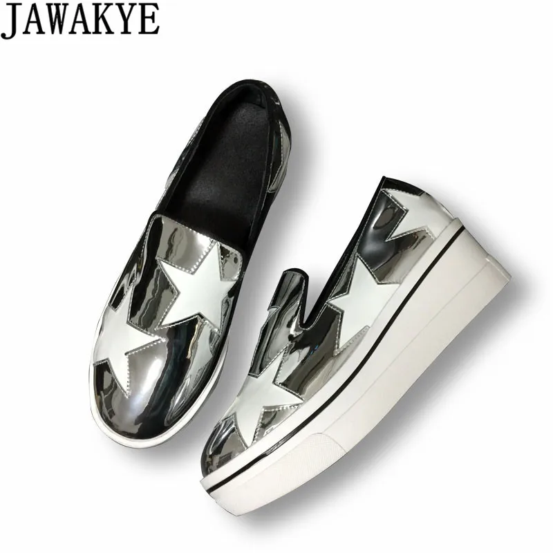 

Runway casual shoes Women genuine leather platform Wedge heel five star slip on thick bottom 2018 lazy loafers zapatos mujer