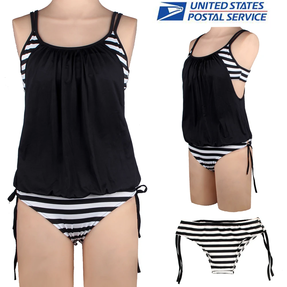 2016 Women 2 Piece Suits Tankini Swimsuit Student Two Piece Bikini Set Black Striped Push Up Sport Swimwear Biquini