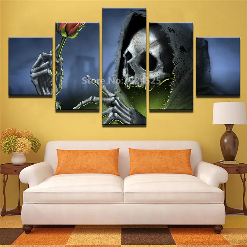 Canvas-Pictures-Home-Decor-Wall-Art-5-Pieces-Black-Hat-Skull-Red-Rose-Painting-For-Living