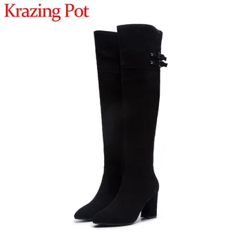 

2018 new arrival big size handmade cow suede high heels runway charming woman buckle belt almond shaped toe thigh high boots L00