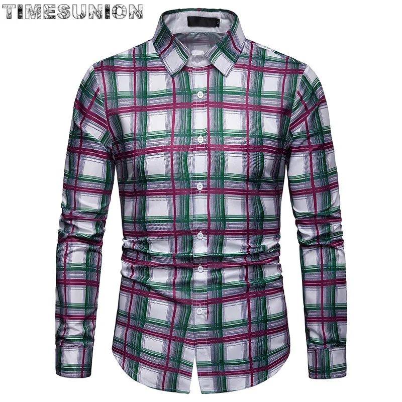 White Green Plaid Men Shirt Checked Oxford Button-down Shirt Smart Casual Classic Contrast Standard-fit Long Sleeve Dress Shirts