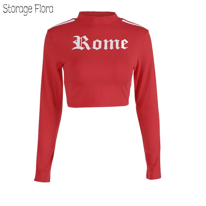 

Storage Flora 2019 Fashion Side Striped Letter Print T-shirt Women Long Sleeve Cropped Tops Tees Spring Cotton O-neck Tee Shirt