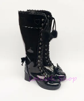 

Princess sweet punk shoes loliloli yoyo Japanese design custom big size black bright skin with hair balls knee-high boots an9008