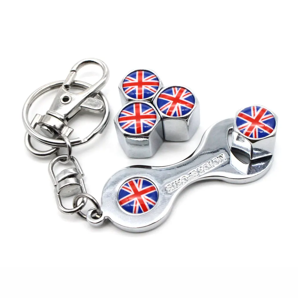 

5Pcs/Set England Flag Style Anti-theft Car Wheel Air Tire Valves Tire Valve Caps Stem with Wrench Keychain Ring Spanner New