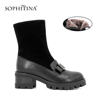 

SOPHITINA Warm Wool Fur Mid-Calf Boots Square Buckle Round Toe Comfortable Thick Heel Woman Boots Casual Office Woman Shoes B43