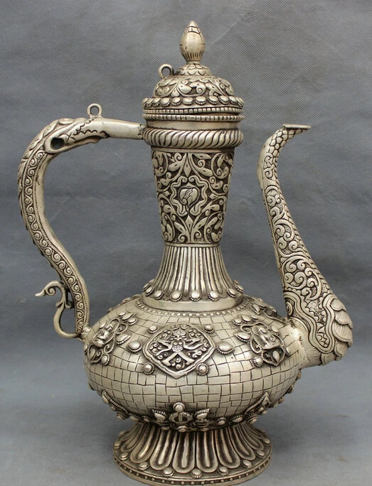 

USPS to USA S1501 14" Tibet Silver Buddhism Shakyamuni Buddha Dragon Head Statue Teapot Wine Pot (B0328)