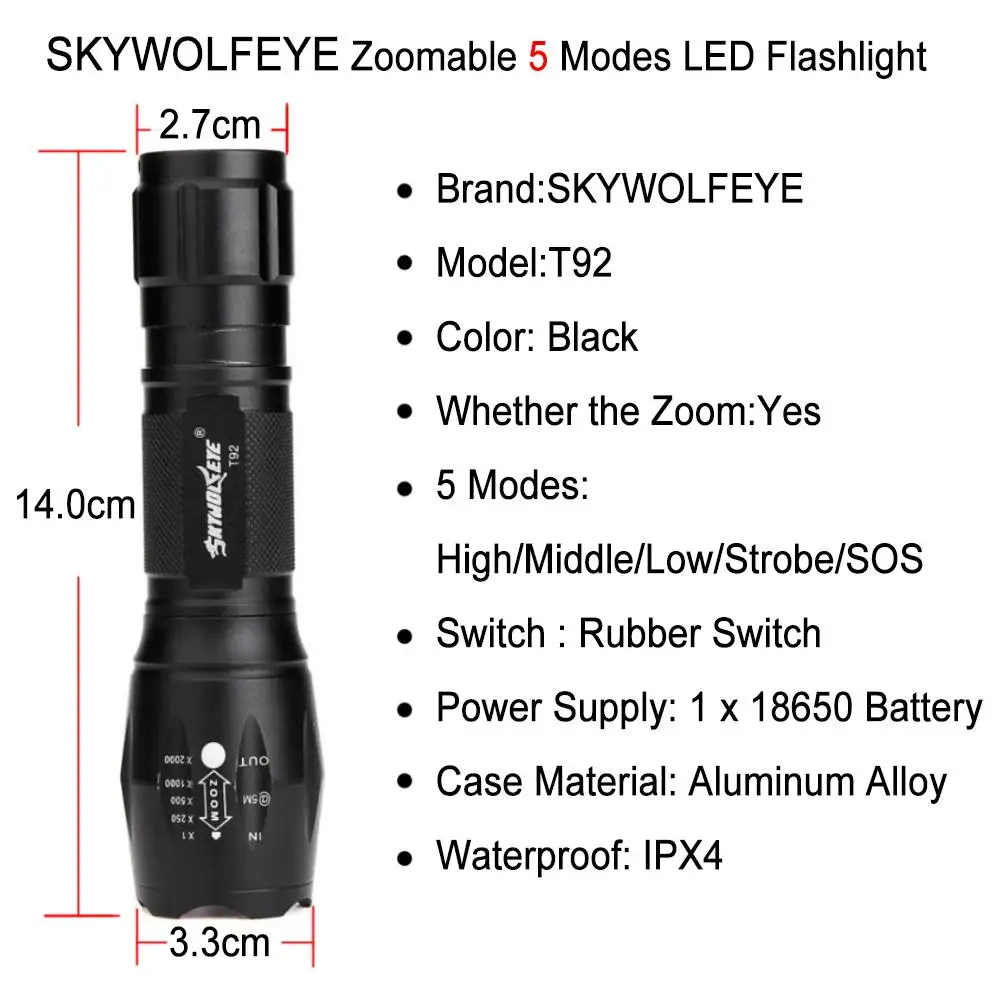 Тактический фонарь SKYWOLFEYE масштабируемый 8000лм T6 светодиодный портативный