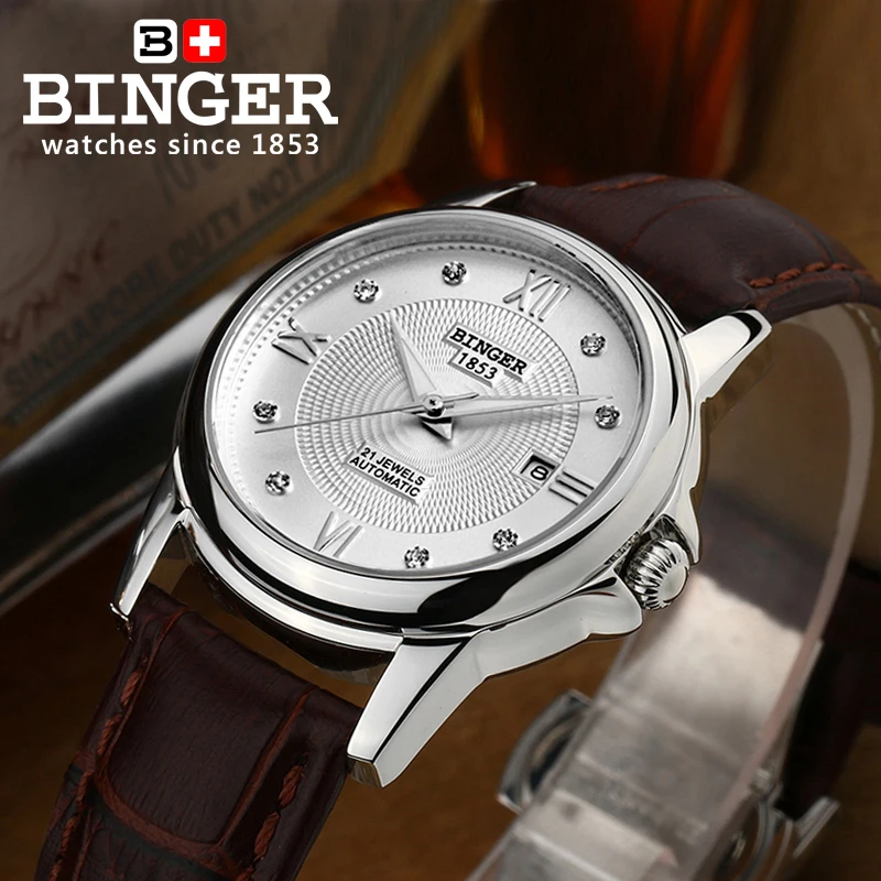 Hot Fashion Binger Original Top Brand Women Dress Luxury Automatic Mechanical Watch Self-Wind Leather relogio montre femme