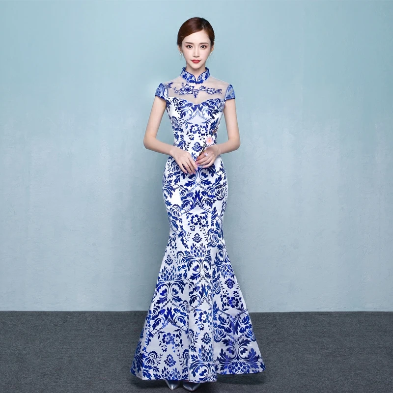 Изысканный для женщин сцены Русалка Qipao Атлас полная длина короткий рукав Cheongsam Плюс размеры XXXL Винтаж Платье Vestidos