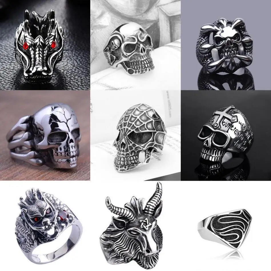 

Men's Stainless Steel Fashion Dragon ring Gothic Punk Skull Head Biker Finger Rings Jewelry Size 8-10