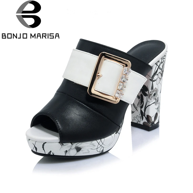 

BONJOMARISA Women's Flower Print Buckle Rhinestone Charm High Heel Summer Shoes Woman Open Toe Platform Mules Big Size 32-42