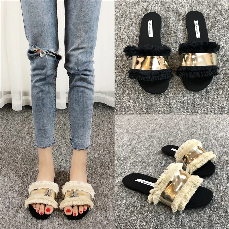 

Dropshipping Cozy Shoes Women Slippers Fashion Metal Bling Slides Fur Fringe Flip Flops Outside Ladies Shoes Summer Flat Slides