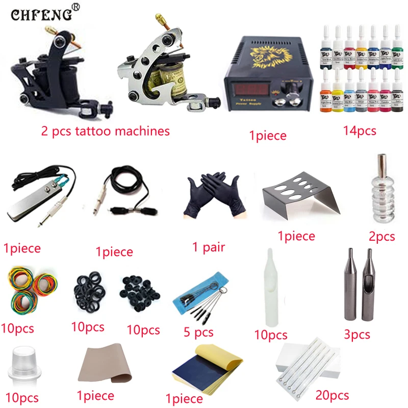 

Complete Tattoo Kit With 2 Tattoo Machine Tattoo Equipment Power Supply Kit (with Needles, Gun and Inks)