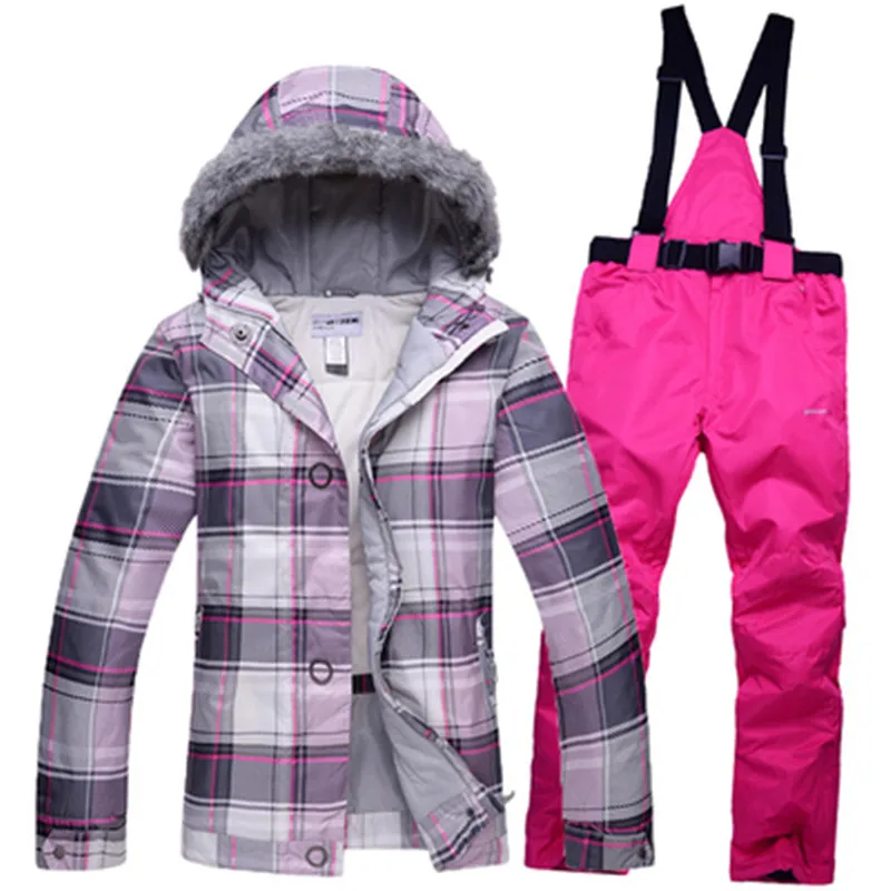Cheap Snow Clothing Womans Ski suit set outdoor skiing snowboard Costume thermal hat with hair 