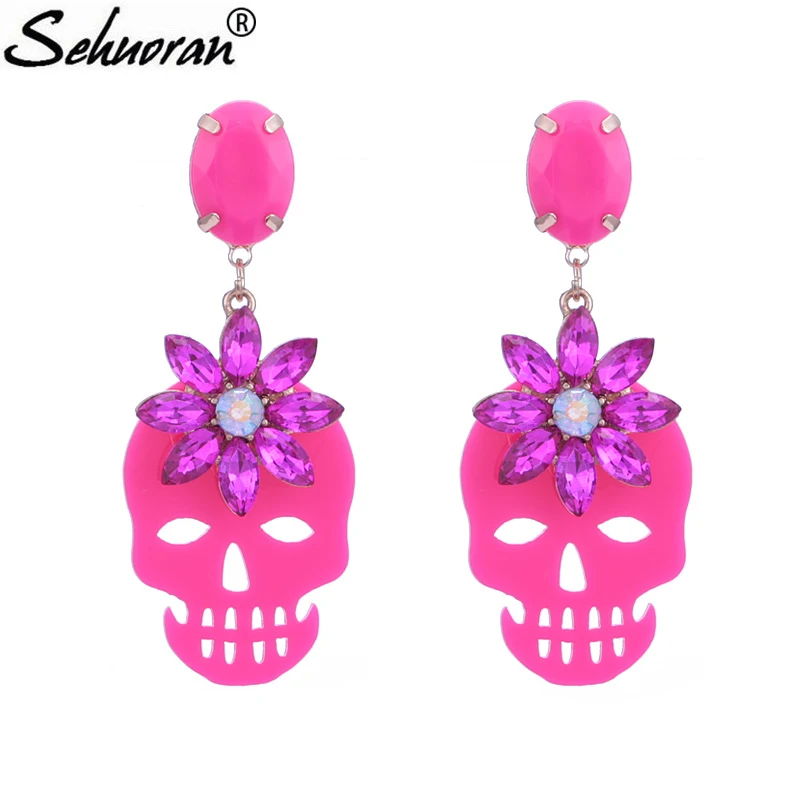 

Sehuoran Crystal Stone Beautiful Color Drop Earrings For Woman Zinc Alloy Pendients Resin Skull Earrings Fashion Jewelry Gifts