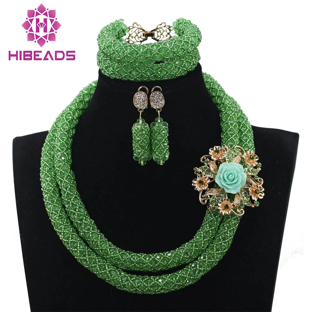 2 Layers Lemon Green African Beads Jewelry Set Nigerian Wedding Crystal Costume Rope Necklace Set Free Shipping WD891