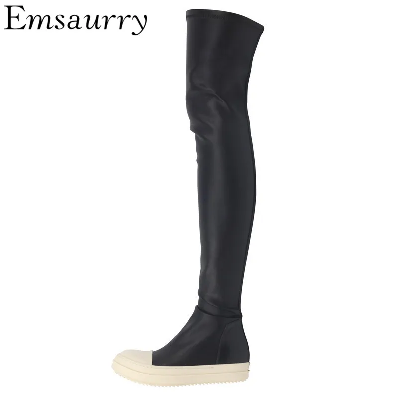 

Stretch Over The Knee Boots White Flat Thick Heel Long Booties New Fall Winter Black Runway Botas Mujer