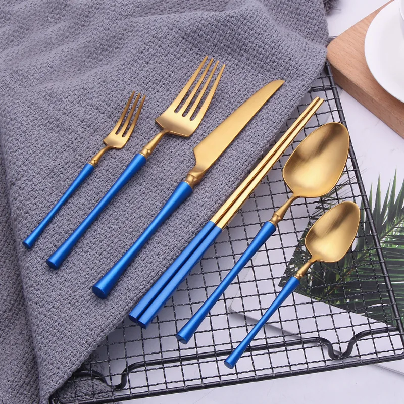 

24pcs/set New Blue Gold Stainless Steel Cutlery Set Flatware Set Dinner Knife Fork Spoon Set Dinnerware Tableware for Home Hotel