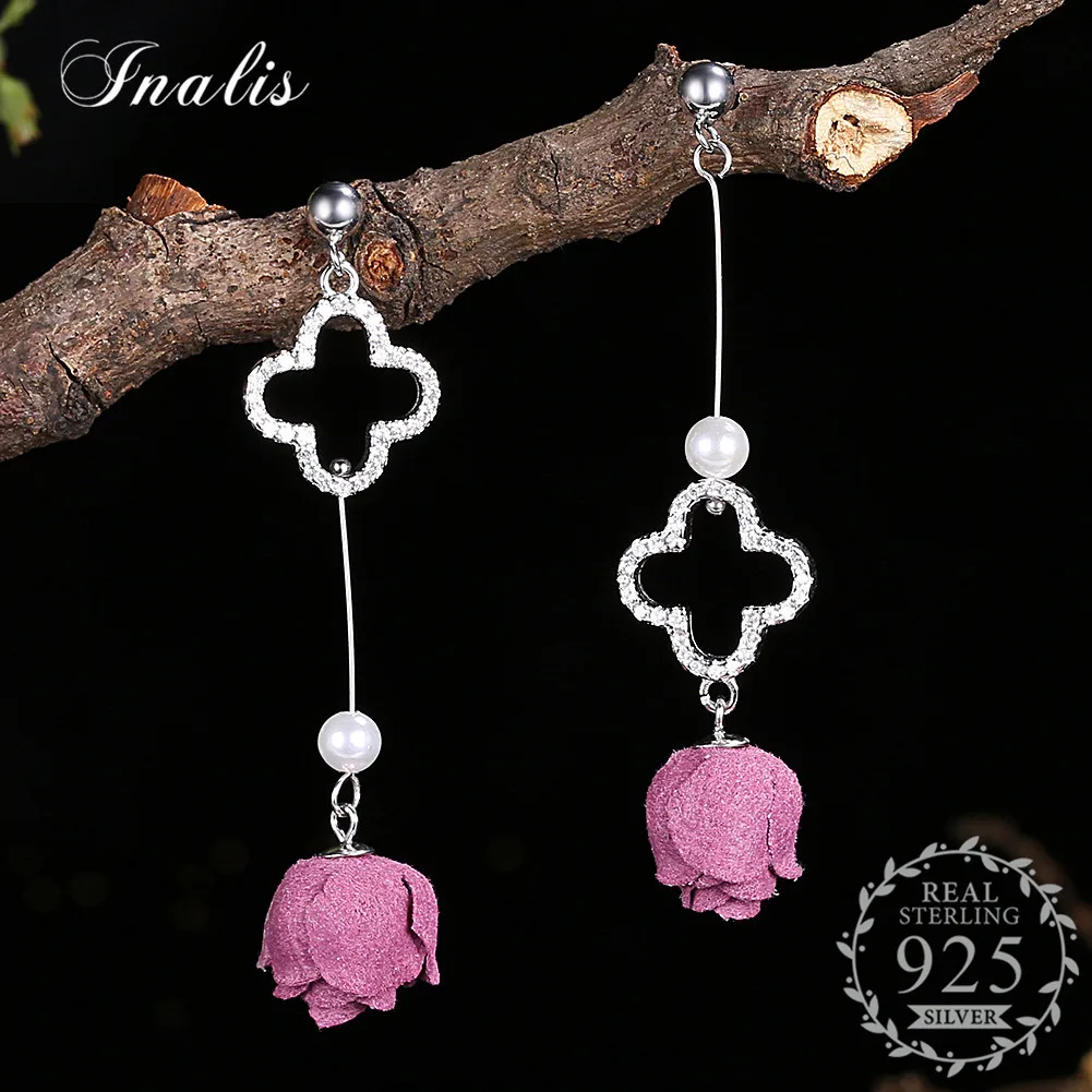 

INALIS Elegant Rose Flower Women Dangle Drop Earring for Wedding Party Bridal Earring 925 Sterling Silver Asymmetrical Orecchini