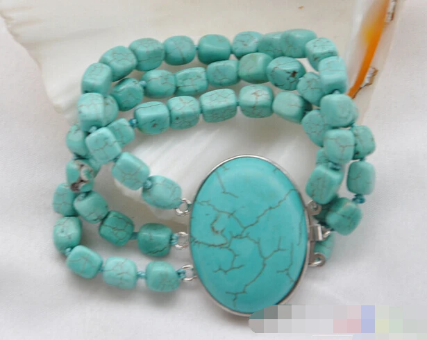 

free shipping 08732 3row square blue turquoise bracelet