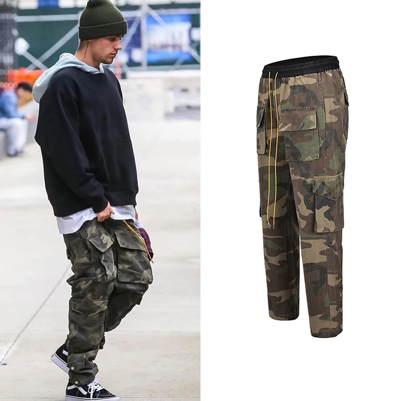 

Justin Bieber Camouflage Cargo Pants Men Vintage Multi-pocket Bottom Button Men's Trousers Streetwear All-match Military Pants