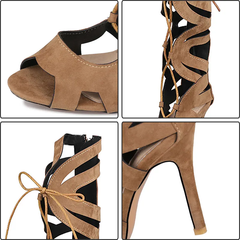 Женские сандалии гладиаторы Fanyuan черные высокие сапоги на шпильках шнуровке с