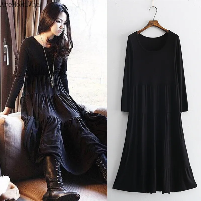 

AreMoMuWha Korean Version of The Modal Round Neck Long-sleeved Dress Female Summer Large Size Loose Bottoming Drss Vest Dress691