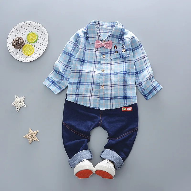 Baby boys spring clothing set newborn baby plaid shirt + jeans pants