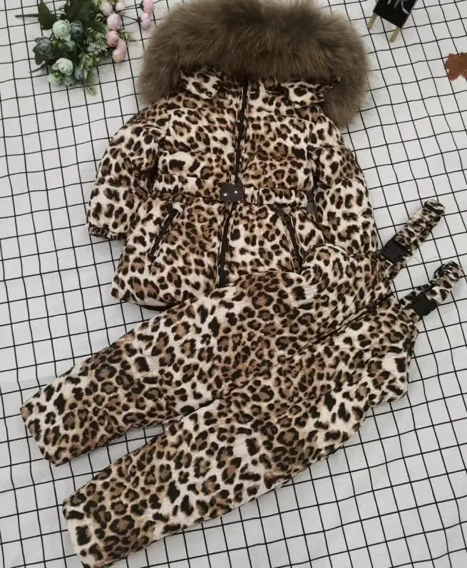 Красный Winter Jacket Children down jackets& PANT duck down Fur hooded Leopard flower girl snowsuit boy set outerwear ski suit - Цвет: Красный