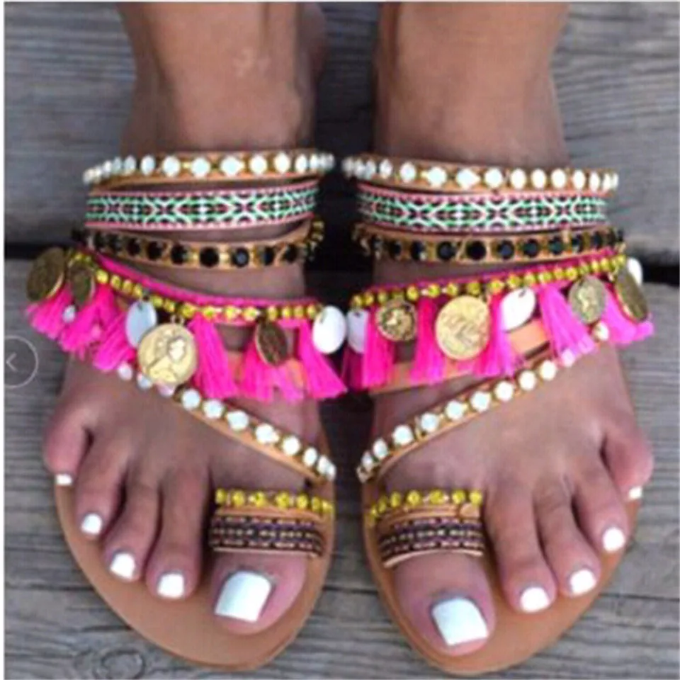 

2019 summer women's slippers fashion exquisite sandals handmade bohemian flat bottom women's slippers