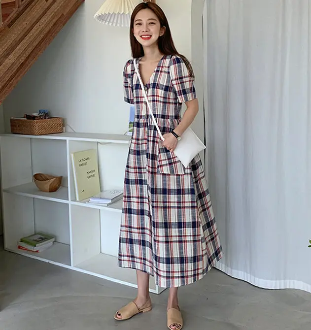 

pocket new Summer Dress Women Cotton OL Casual Short Sleeve Dresses Female Dress V neck plaid dress Long Boho Robe Femme Vestido